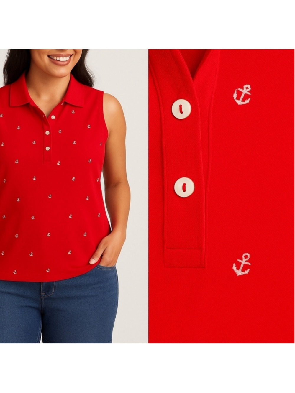 Croft & Barrow Red Anchor Embroidered Print Sleeveless Polo Shirt XL Nautical